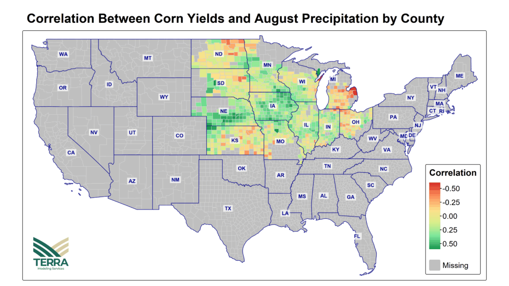 TERRA: Corn yield precipitation correlation for August