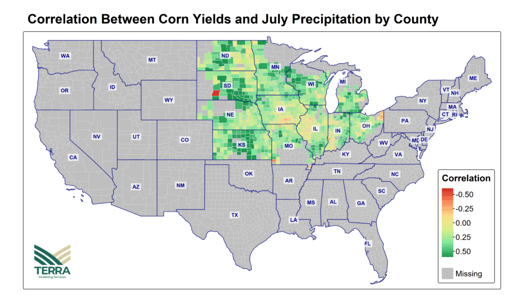 TERRA: Corn yield precipitation correlation for July