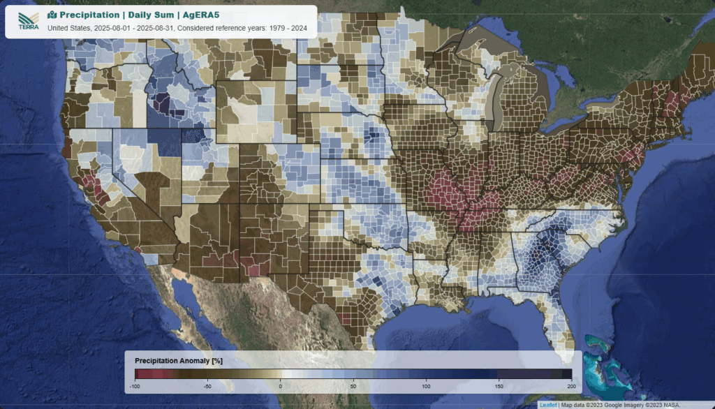 TERRA ClimateExplorer 2025 August Precipitation Anomaly for the US